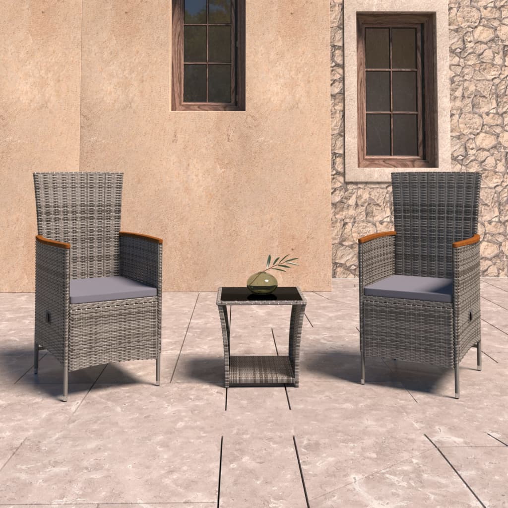3-Tlg. Garten-Lounge-Set Mit Kissen Poly Rattan Grau