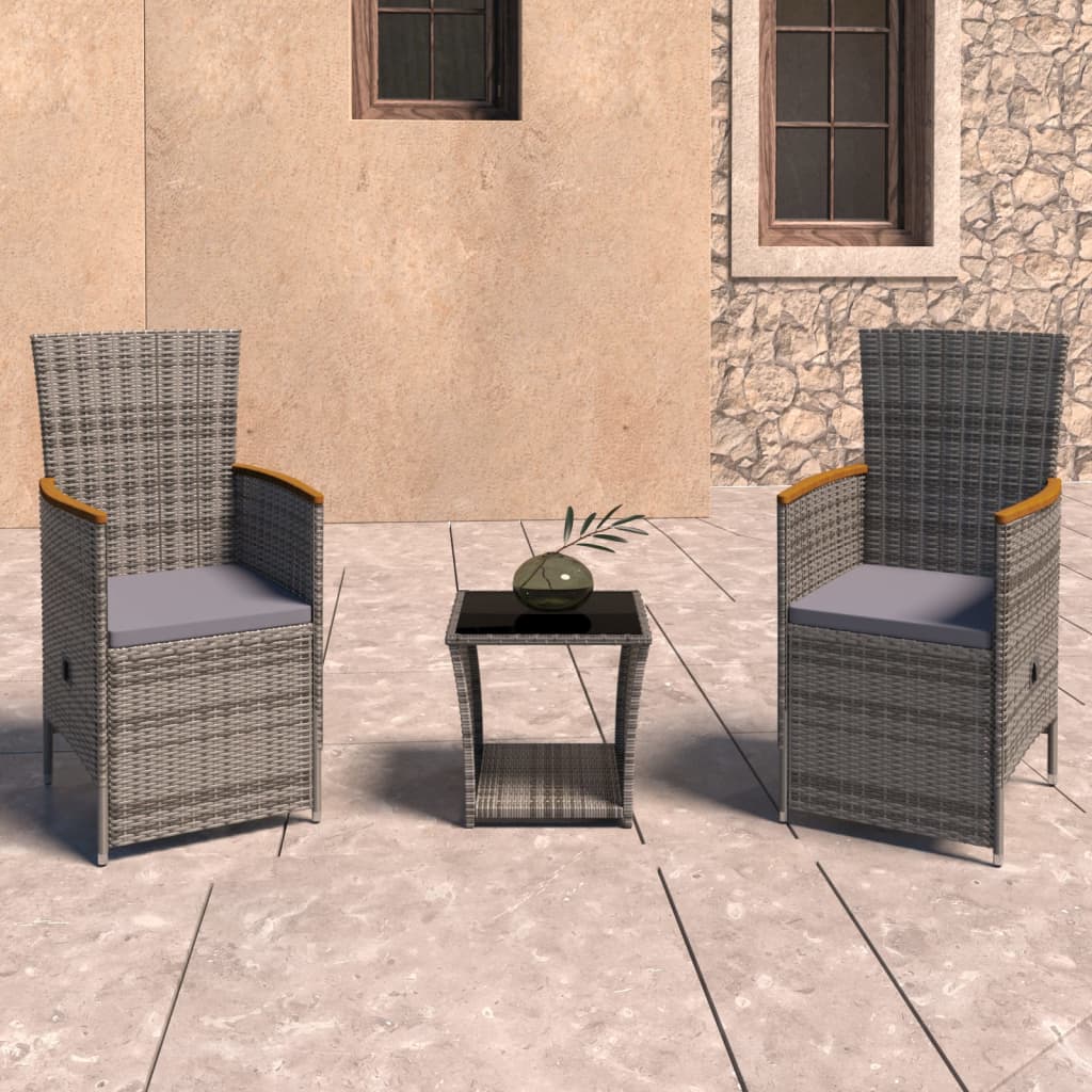 3-Tlg. Garten-Lounge-Set Mit Kissen Poly Rattan Grau