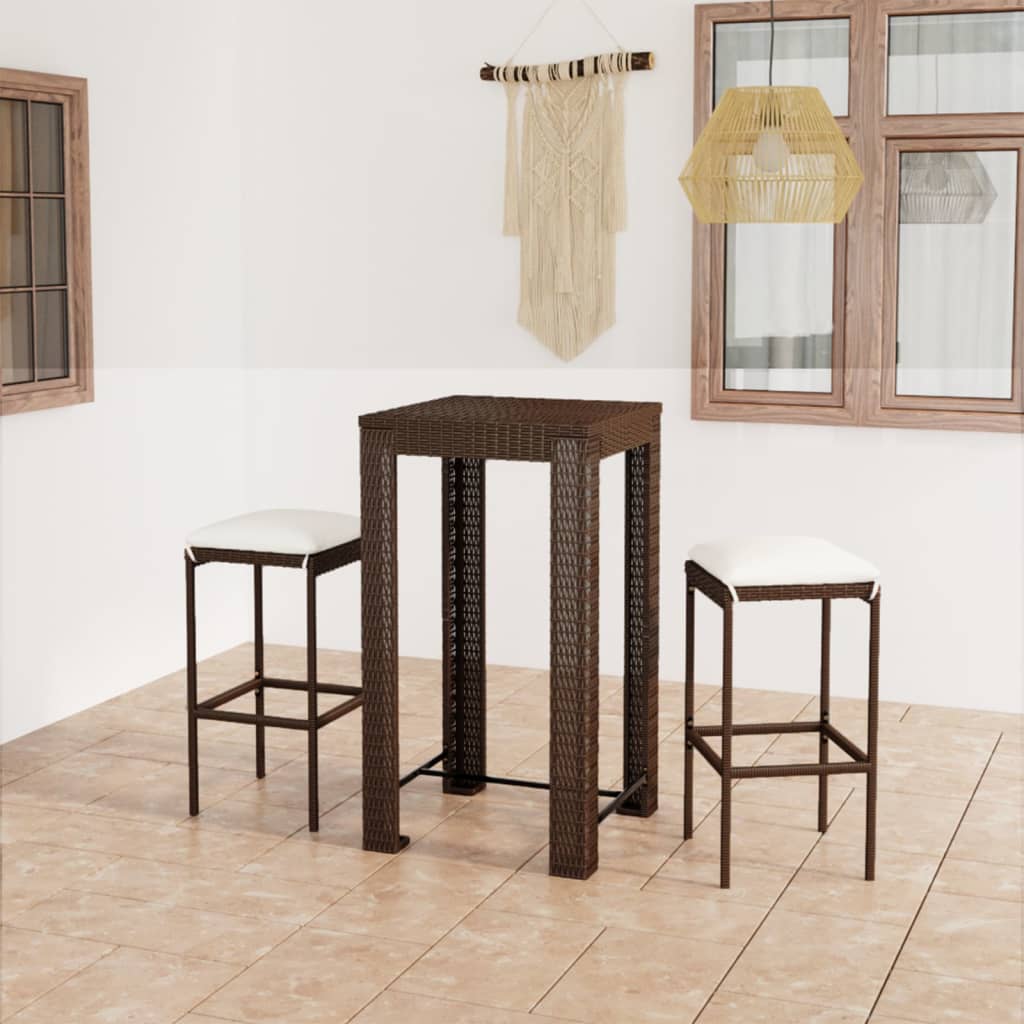 3-Tlg. Gartenbar-Set Mit Kissen Poly Rattan Braun