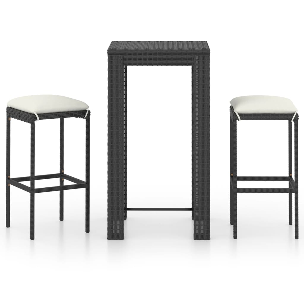 3-Tlg. Gartenbar-Set Mit Kissen Poly Rattan Schwarz