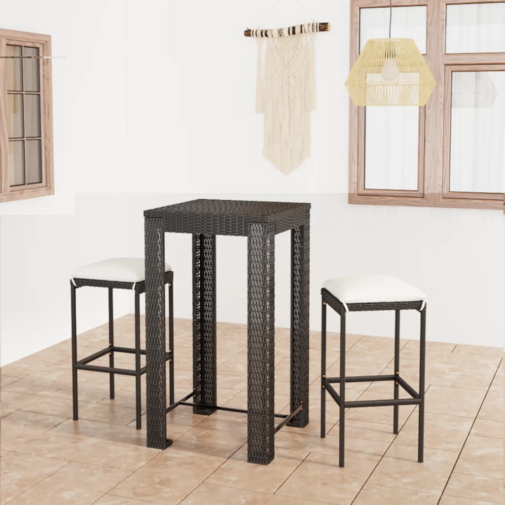 3-Tlg. Gartenbar-Set Mit Kissen Poly Rattan Schwarz