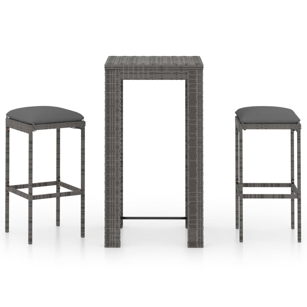 3-Tlg. Gartenbar-Set Mit Kissen Poly Rattan Grau