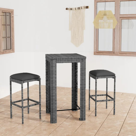 3-Tlg. Gartenbar-Set Mit Kissen Poly Rattan Grau