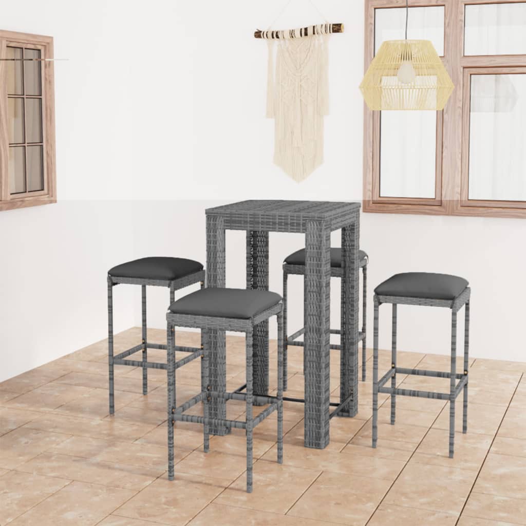 3-Tlg. Gartenbar-Set Mit Kissen Poly Rattan Grau