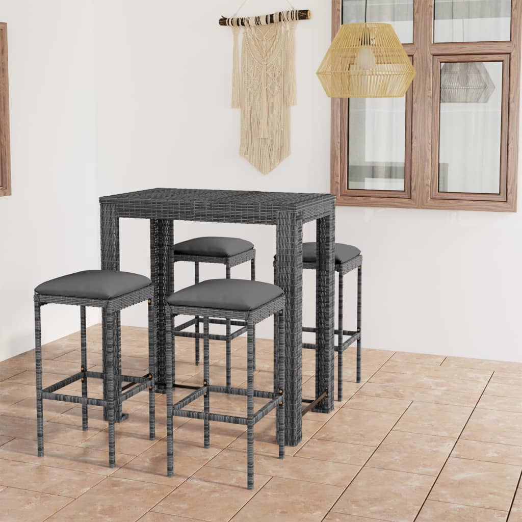3-Tlg. Gartenbar-Set Mit Kissen Poly Rattan Grau