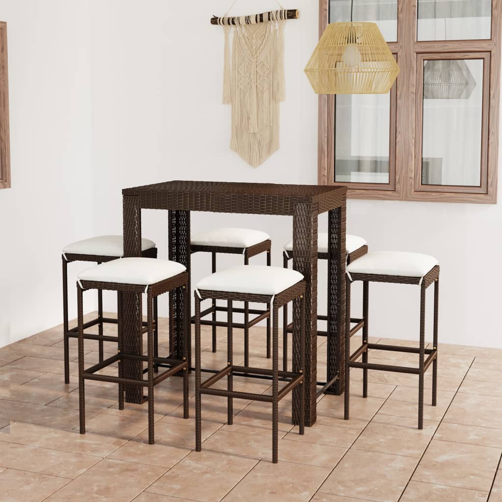 3-Tlg. Gartenbar-Set Mit Kissen Poly Rattan Braun