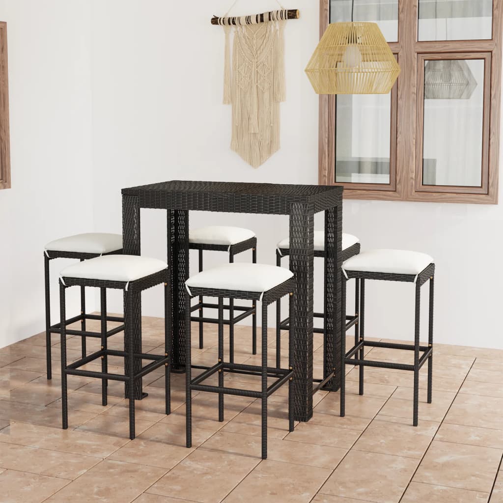 3-Tlg. Gartenbar-Set Mit Kissen Poly Rattan Schwarz