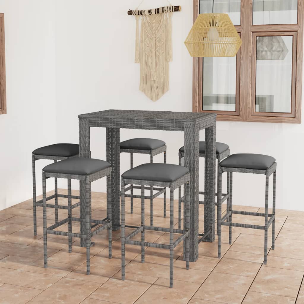 3-Tlg. Gartenbar-Set Mit Kissen Poly Rattan Grau