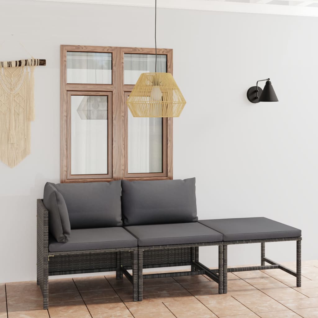 3-Tlg. Garten-Lounge-Set Mit Kissen Poly Rattan