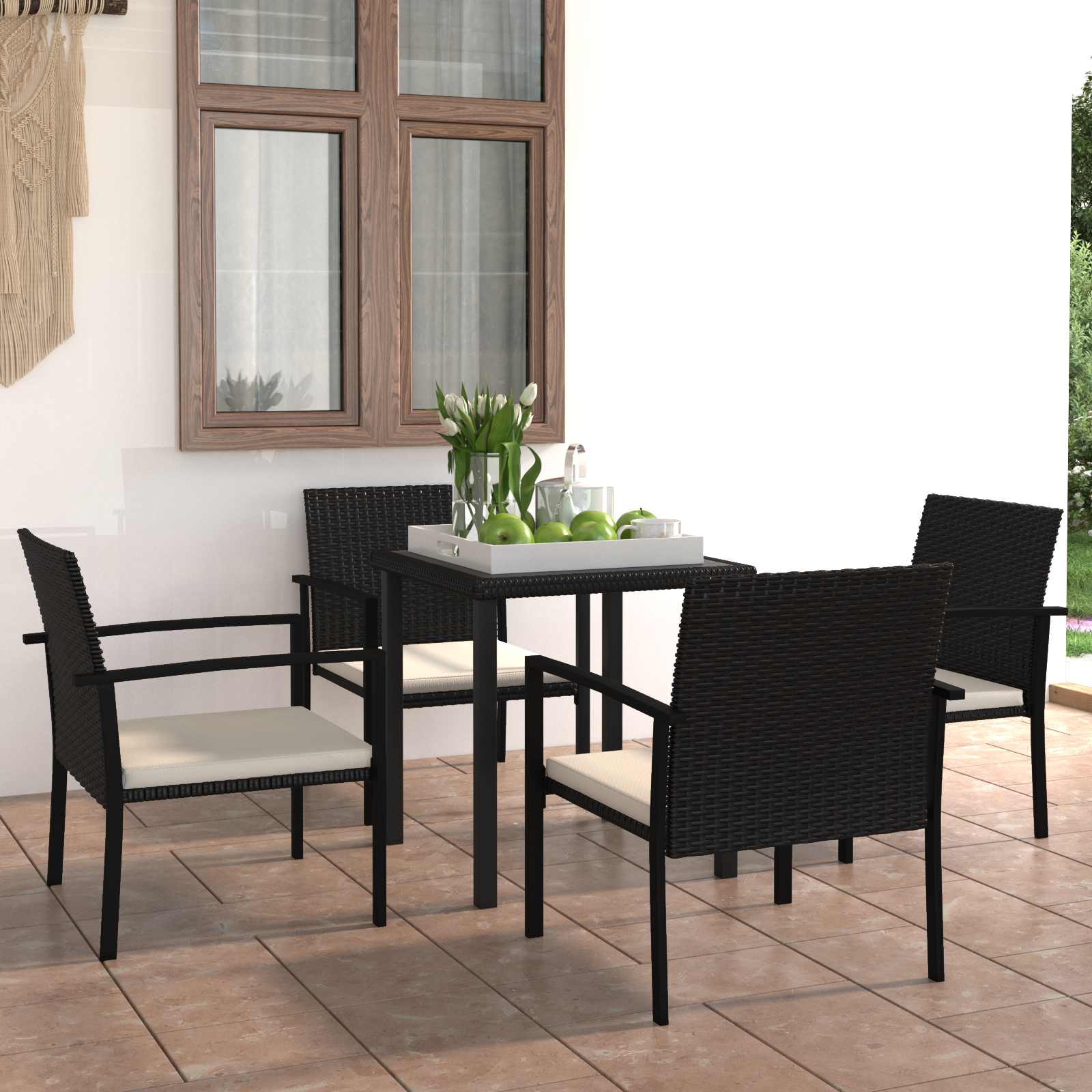 5-Tlg. Garten-Essgruppe Poly Rattan Schwarz Sand