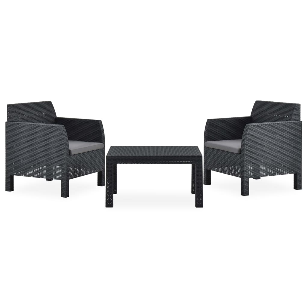 3-Tlg. Garten-Lounge-Set Mit Kissen Pp Rattan Anthrazit