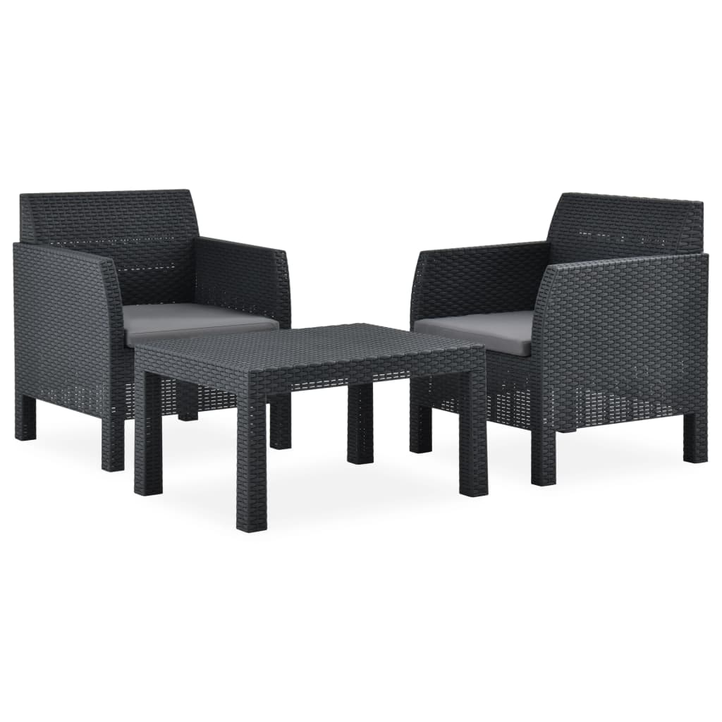 3-Tlg. Garten-Lounge-Set Mit Kissen Pp Rattan Anthrazit