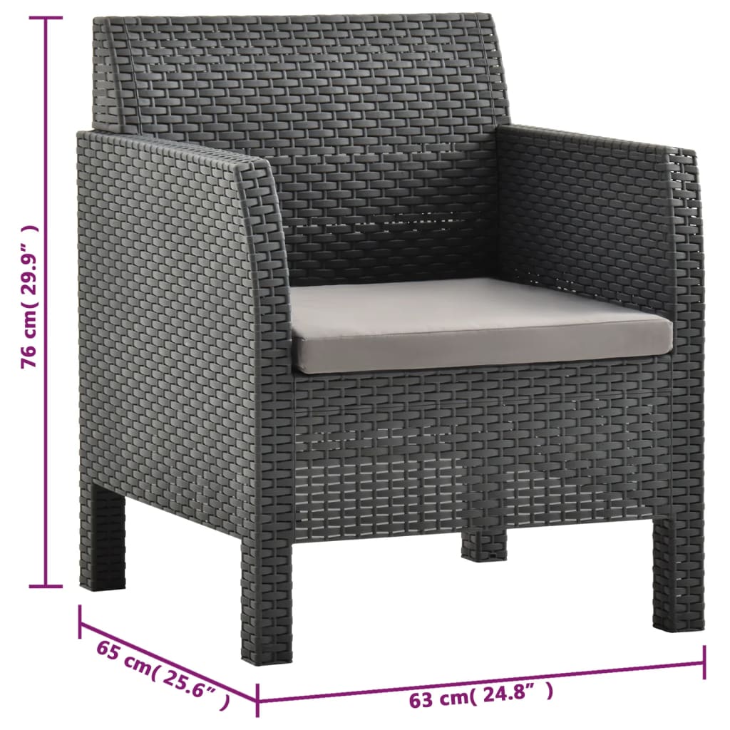3-Tlg. Garten-Lounge-Set Mit Kissen Pp Rattan Anthrazit