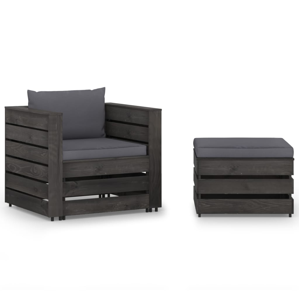2-Tlg. Garten-Lounge-Set Mit Kissen Grau Imprägniertes Holz