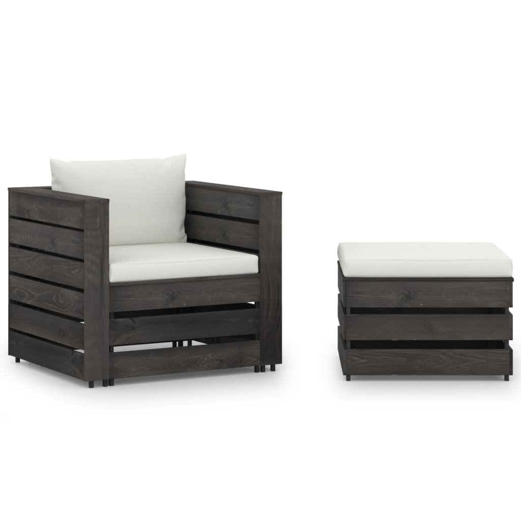 2-Tlg. Garten-Lounge-Set Mit Kissen Grau Imprägniertes Holz