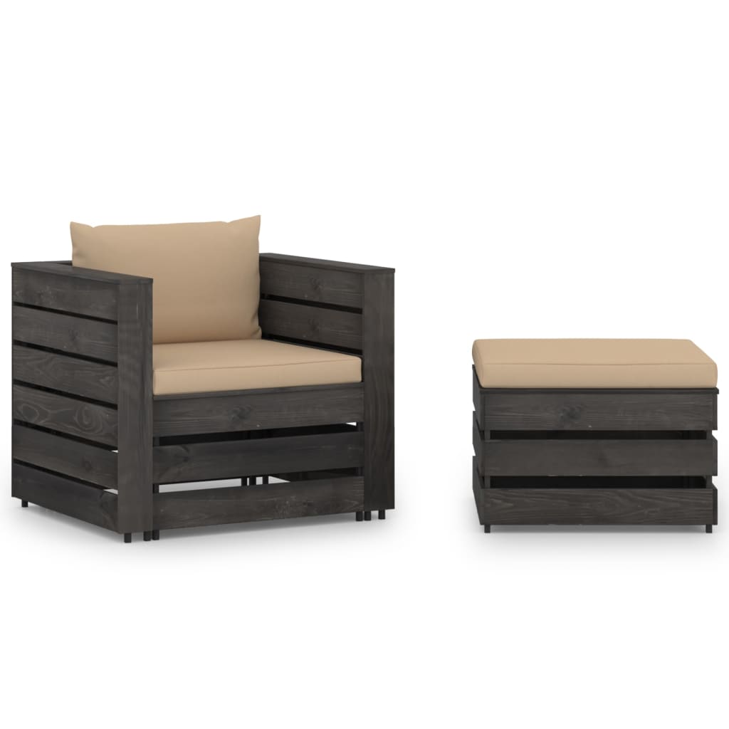 2-Tlg. Garten-Lounge-Set Mit Kissen Grau Imprägniertes Holz