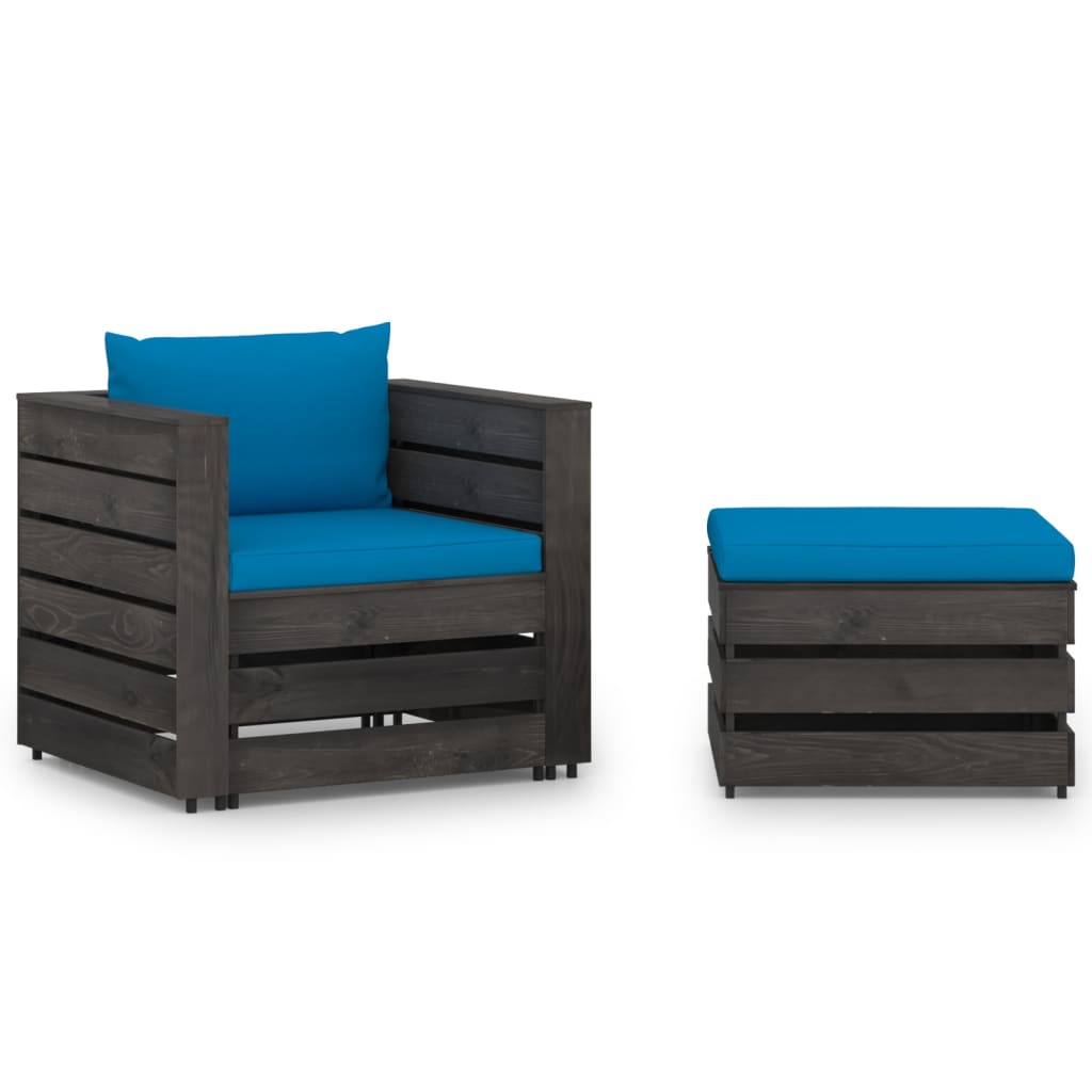 2-Tlg. Garten-Lounge-Set Mit Kissen Grau Imprägniertes Holz