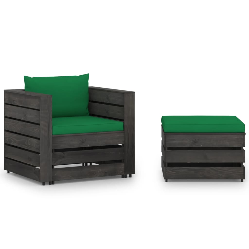 2-Tlg. Garten-Lounge-Set Mit Kissen Grau Imprägniertes Holz
