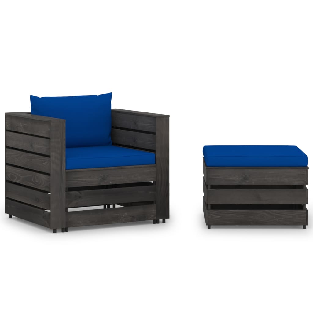 2-Tlg. Garten-Lounge-Set Mit Kissen Grau Imprägniertes Holz