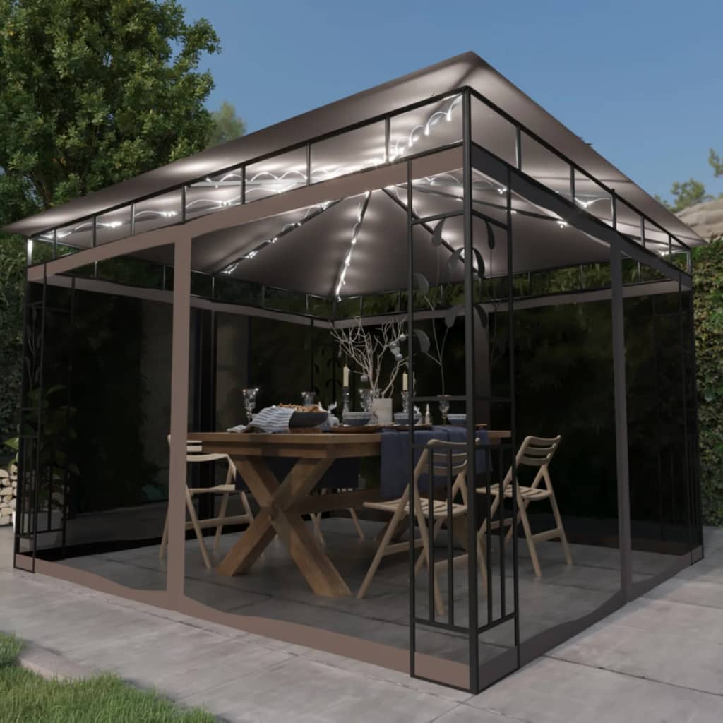 Pavillon Mit Moskitonetz & Led-Lichterkette 3X3X2,73M Weiß