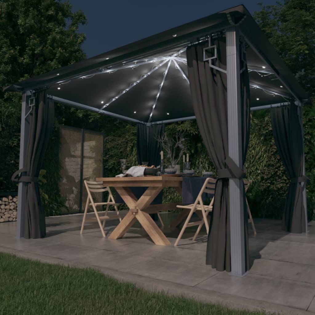 Pavillon Mit Vorhängen & Led-Lichterkette Alu