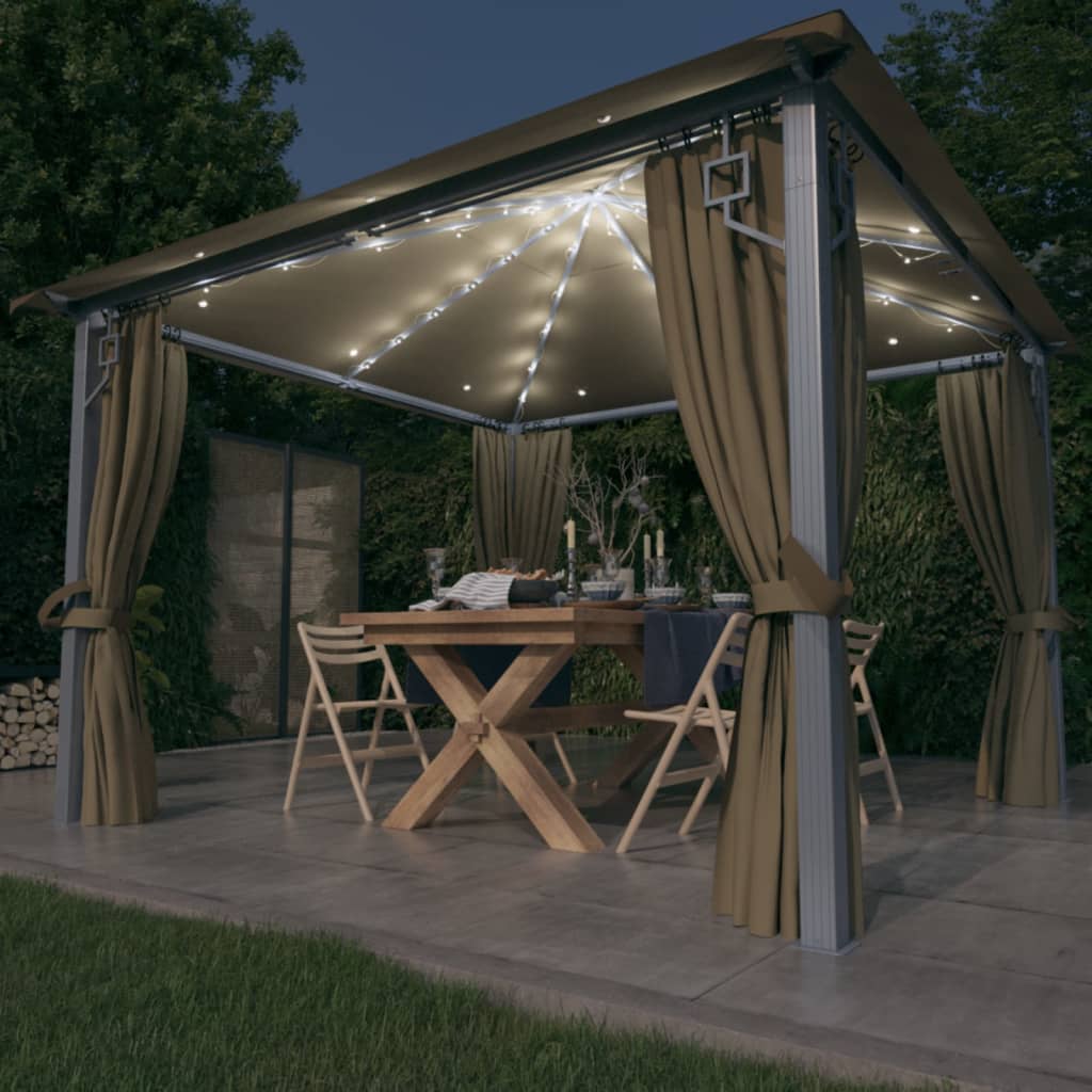 Pavillon Mit Vorhängen & Led-Lichterkette Alu