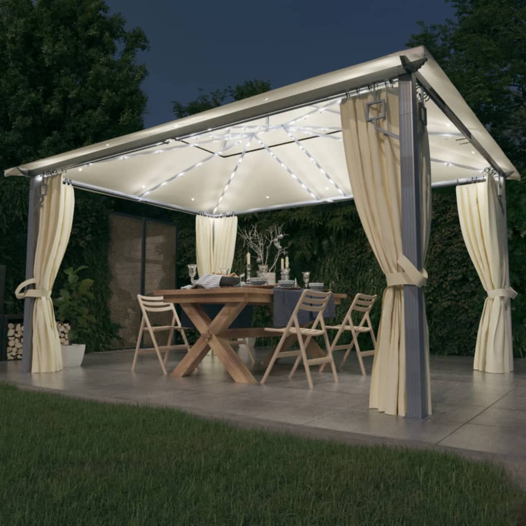 Pavillon Mit Vorhängen & Led-Lichterkette Alu