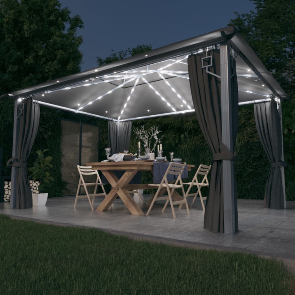Pavillon Mit Vorhängen & Led-Lichterkette Alu