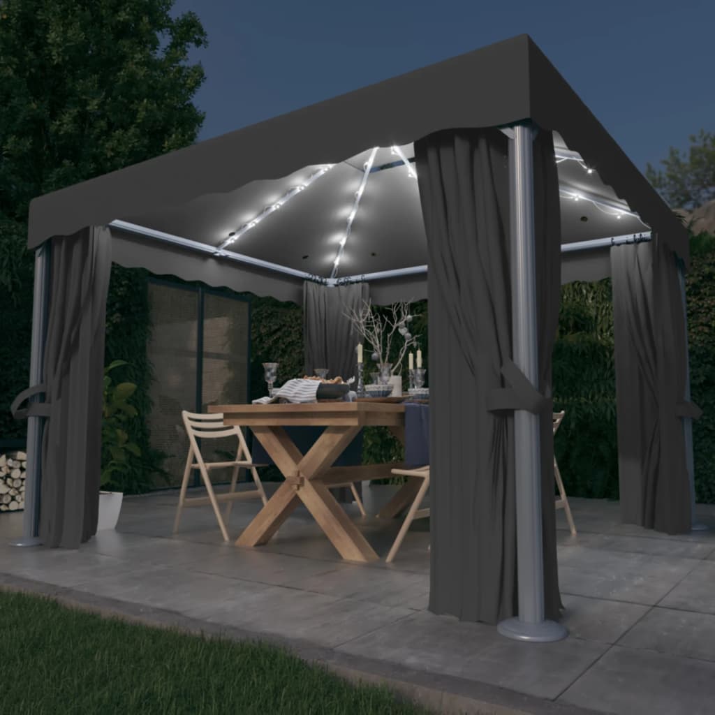 Pavillon Mit Vorhängen & Led-Lichterkette Weiß