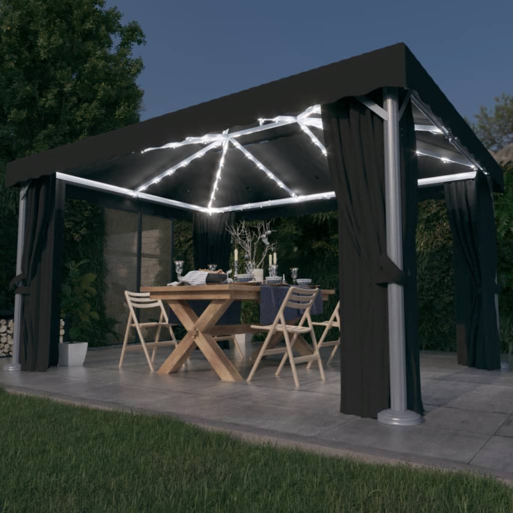 Pavillon Mit Vorhängen & Led-Lichterkette Weiß
