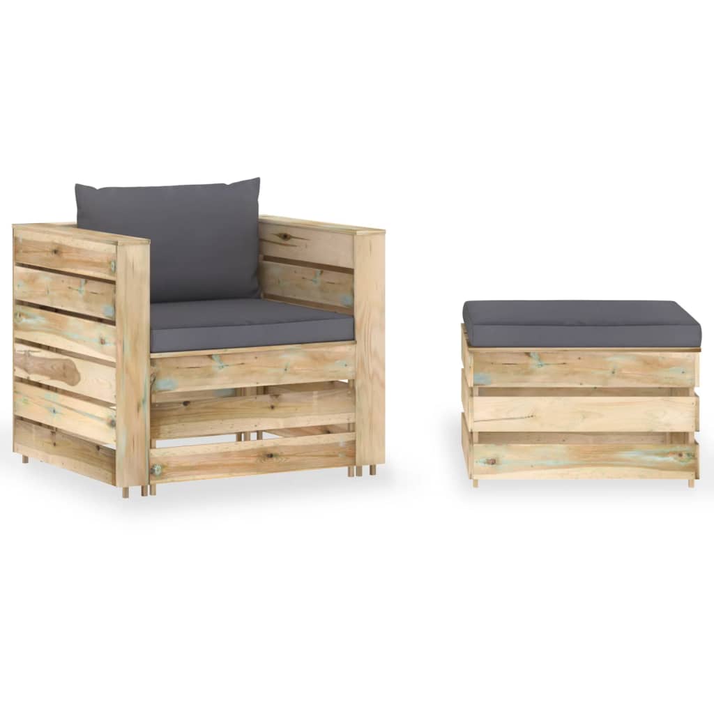 2-Tlg. Garten-Lounge-Set Mit Kissen Grau Imprägniertes Holz