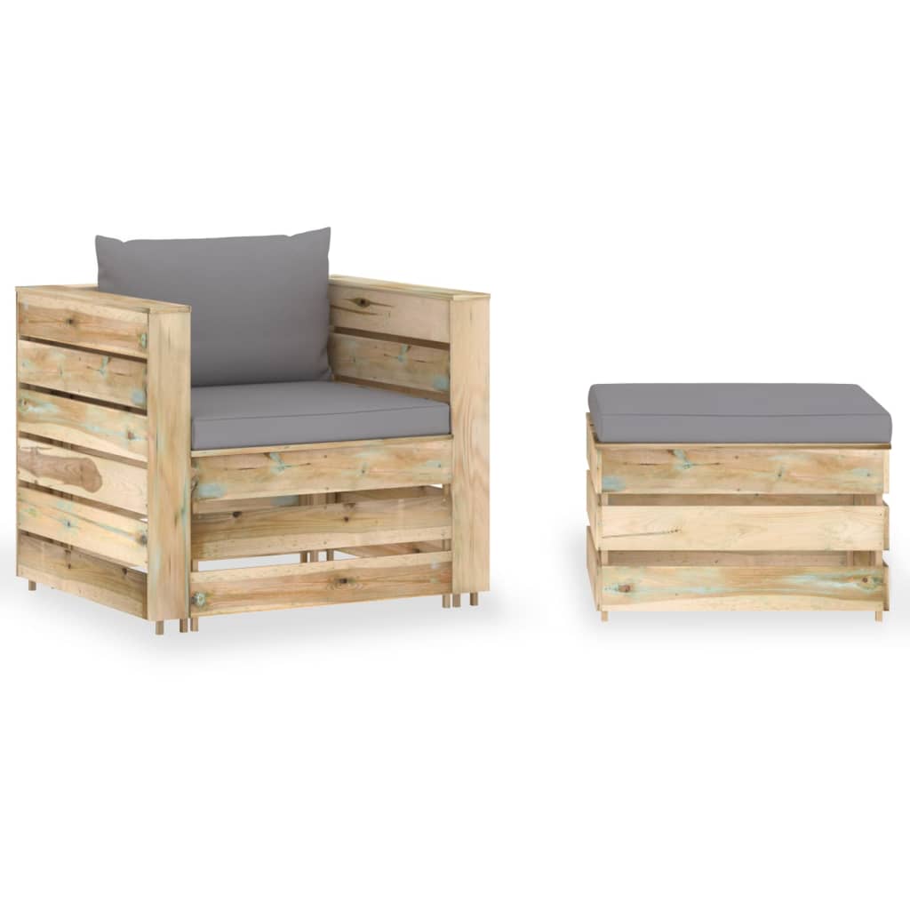 2-Tlg. Garten-Lounge-Set Mit Kissen Grau Imprägniertes Holz