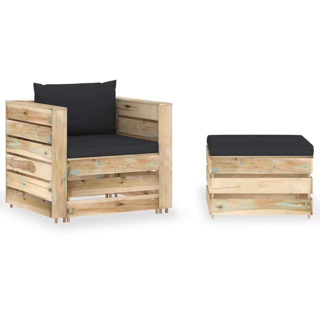 2-Tlg. Garten-Lounge-Set Mit Kissen Grau Imprägniertes Holz