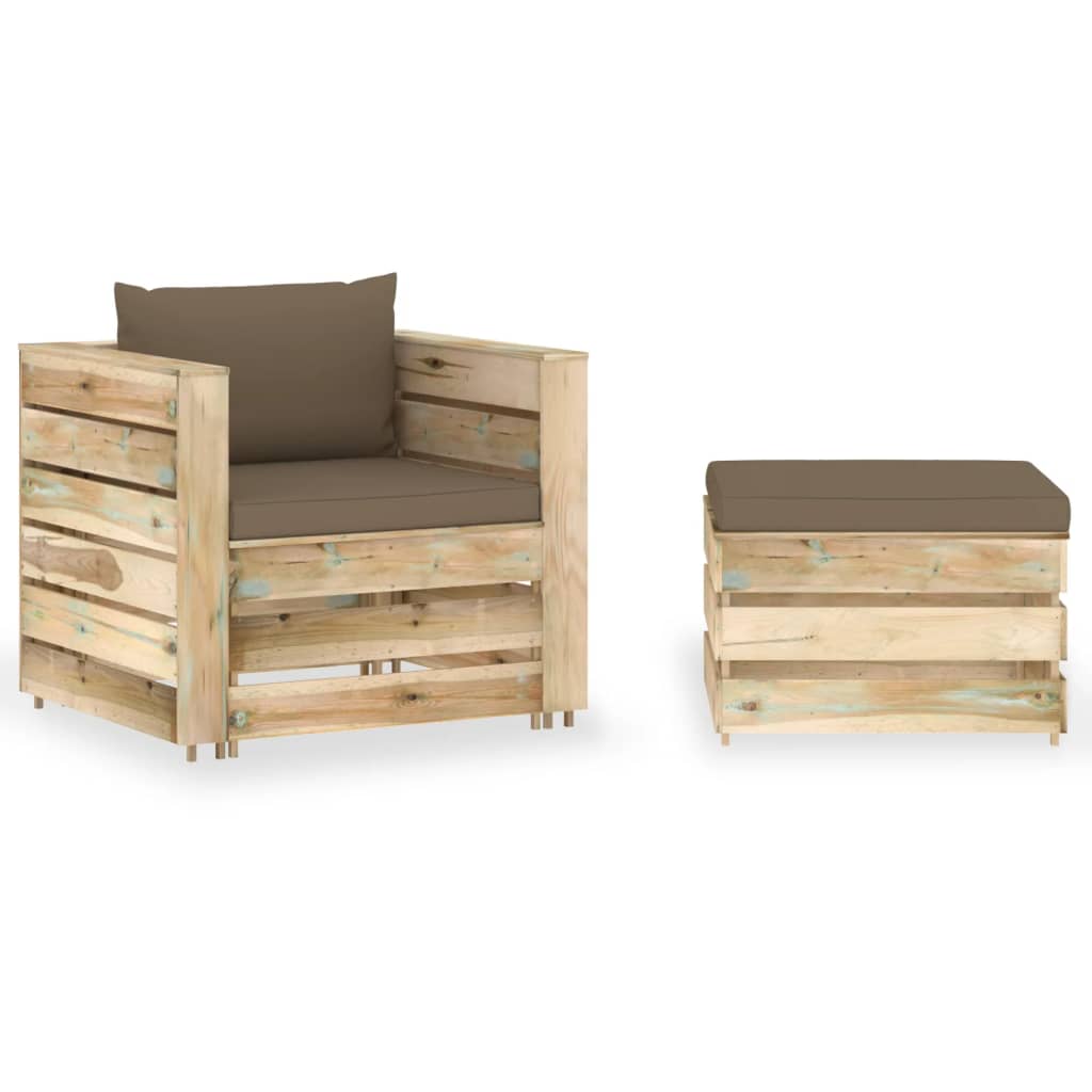 2-Tlg. Garten-Lounge-Set Mit Kissen Grau Imprägniertes Holz