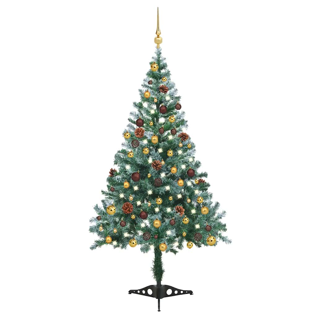 Künstlicher Weihnachtsbaum Mit Beleuchtung Kugeln Zapfen 180 Cm Weiß Und Grau