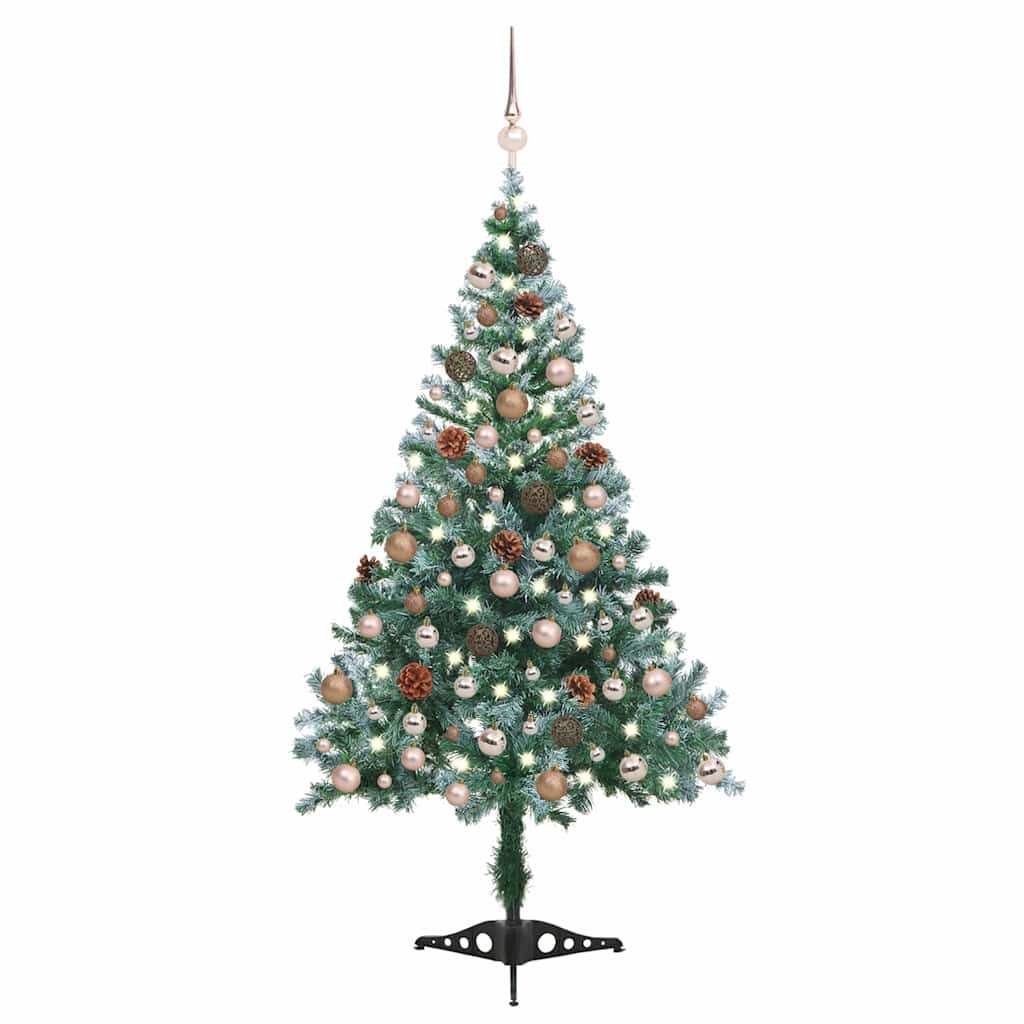 Künstlicher Weihnachtsbaum Mit Beleuchtung Kugeln Zapfen 180 Cm Weiß Und Grau