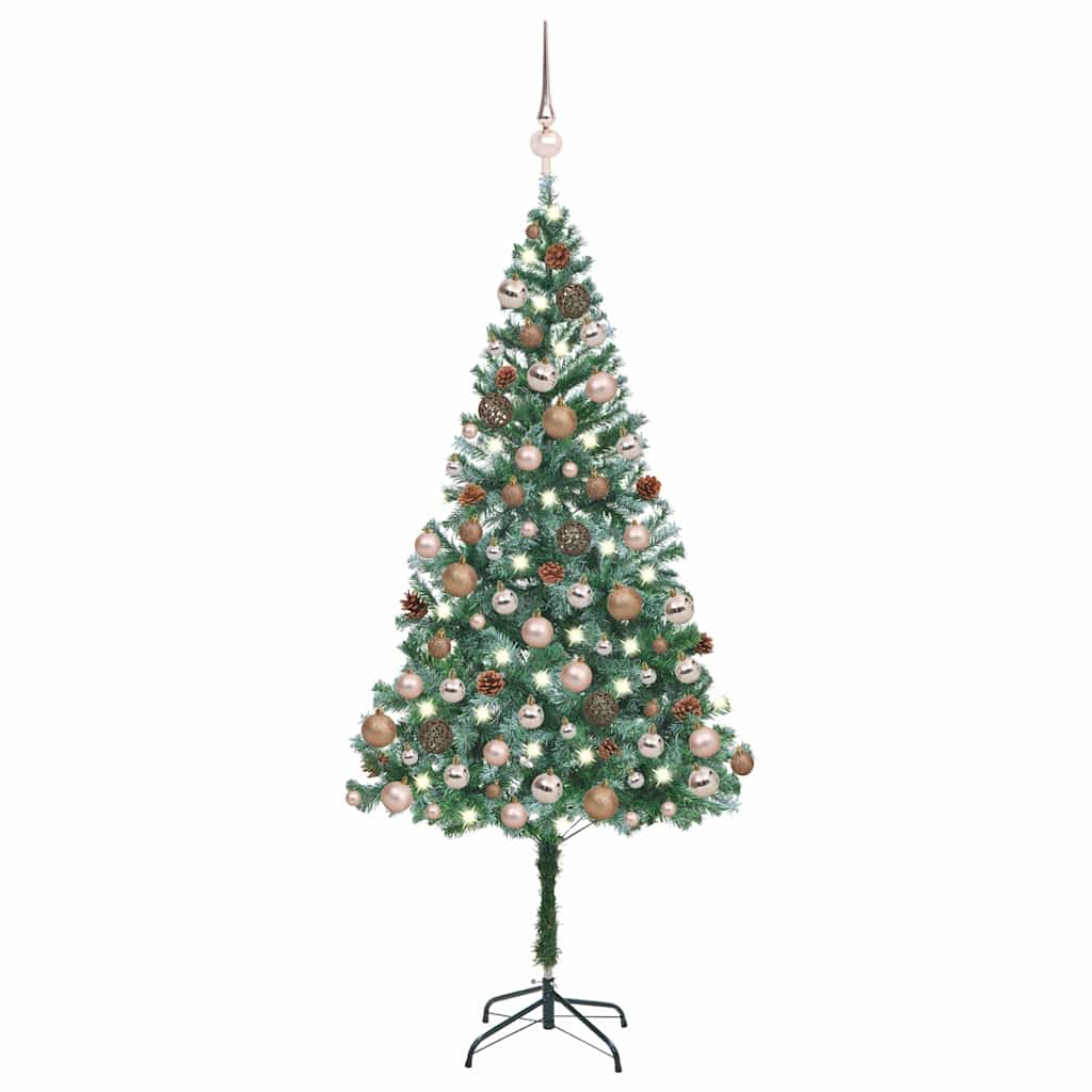 Künstlicher Weihnachtsbaum Mit Beleuchtung Kugeln Zapfen 180 Cm Weiß Und Grau