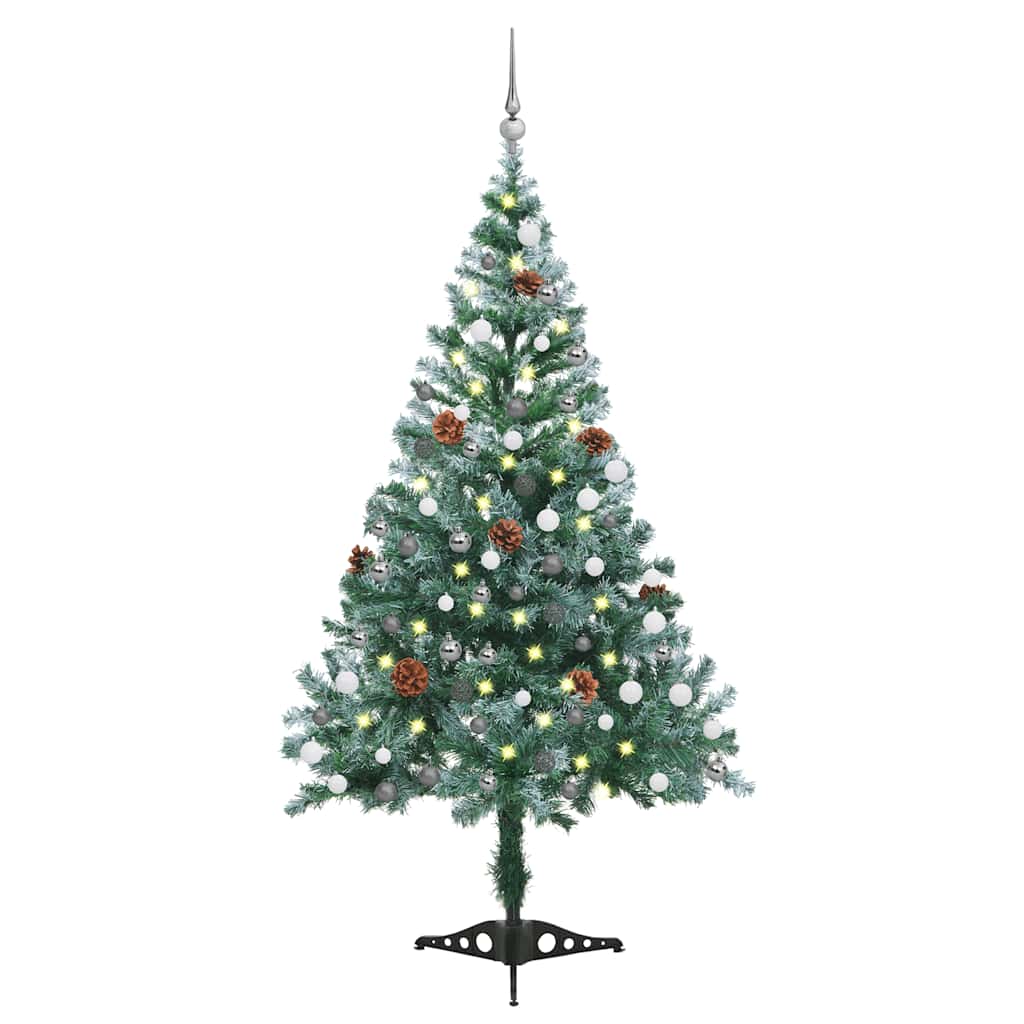 Künstlicher Weihnachtsbaum Mit Beleuchtung Kugeln Zapfen 180 Cm Weiß Und Grau
