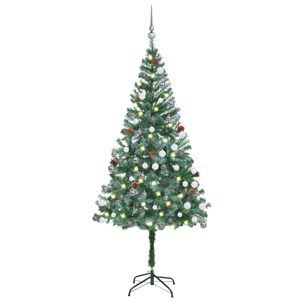 Künstlicher Weihnachtsbaum Mit Beleuchtung Kugeln Zapfen 180 Cm Weiß Und Grau