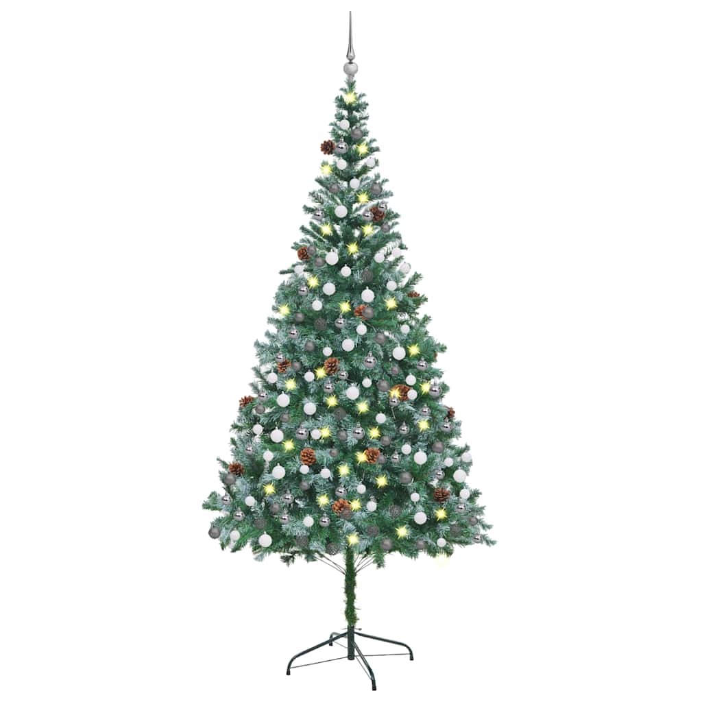 Künstlicher Weihnachtsbaum Mit Beleuchtung Kugeln Zapfen 180 Cm Weiß Und Grau