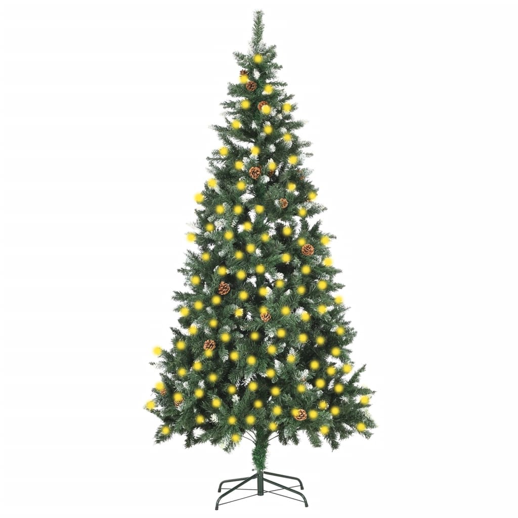 Weihnachtsbaum Gefrostet Mit Beleuchtung & Zapfen 210 Cm Grün Und Weiß