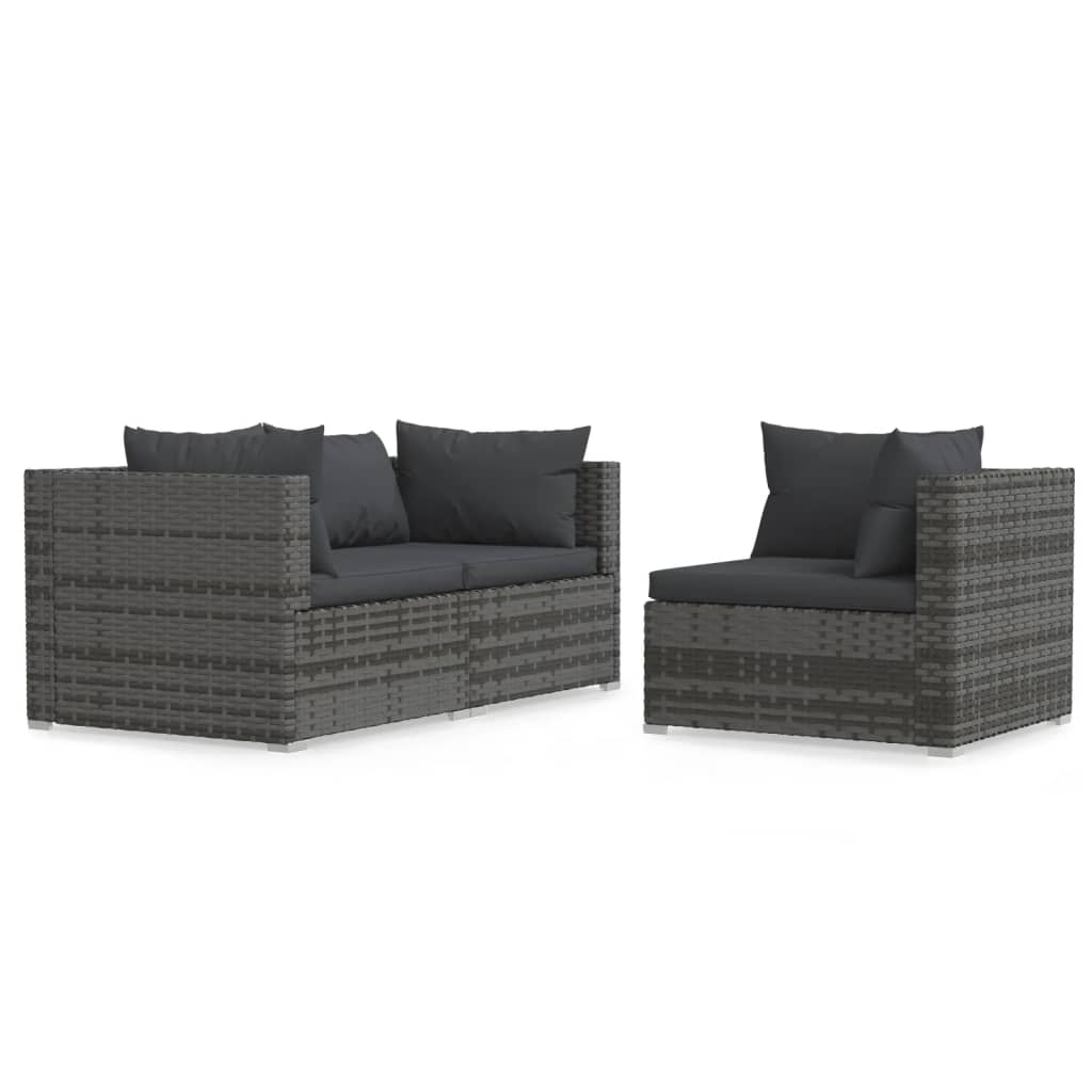 3-Tlg. Garten-Lounge-Set Mit Kissen Grau Poly Rattan