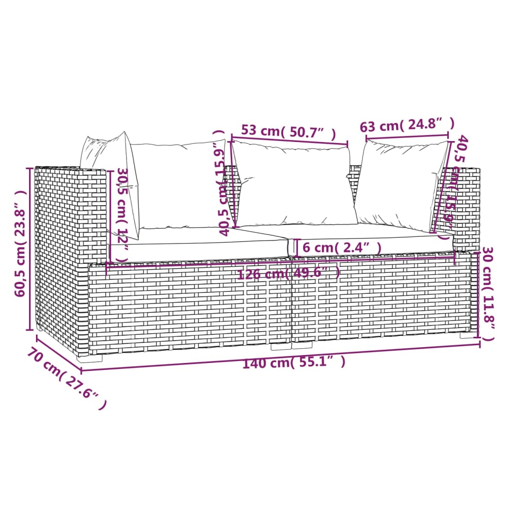 3-Tlg. Garten-Lounge-Set Mit Kissen Grau Poly Rattan
