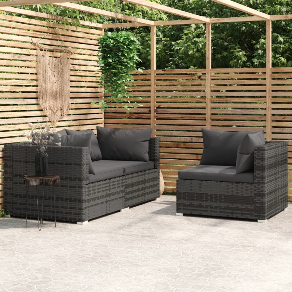 3-Tlg. Garten-Lounge-Set Mit Kissen Grau Poly Rattan