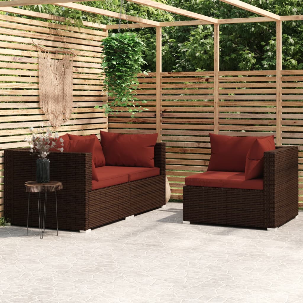 3-Tlg. Garten-Lounge-Set Mit Kissen Grau Poly Rattan
