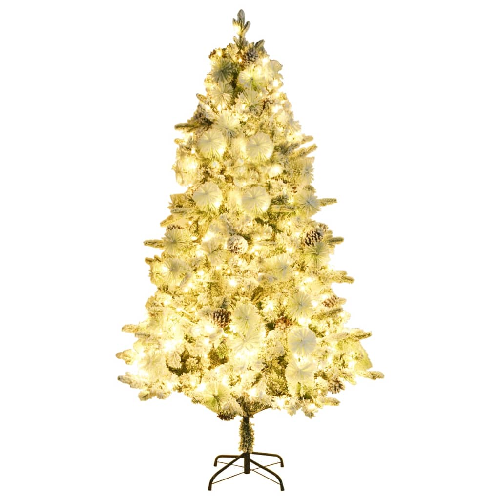 Weihnachtsbaum Mit Beleuchtung Schnee Und Zapfen 225 Cm Pvc&Pe Weiß Und Blau