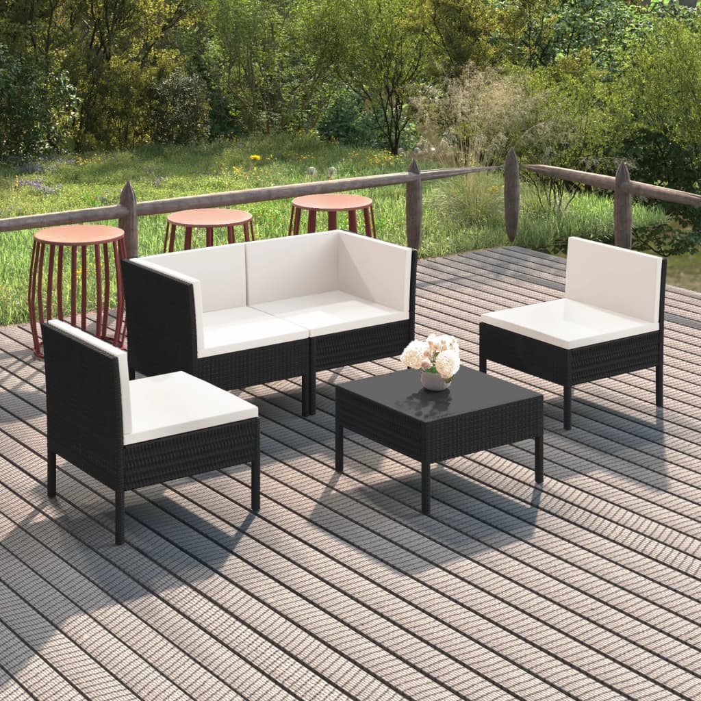 5-Tlg. Garten-Lounge-Set Mit Auflagen Poly Rattan Schwarz