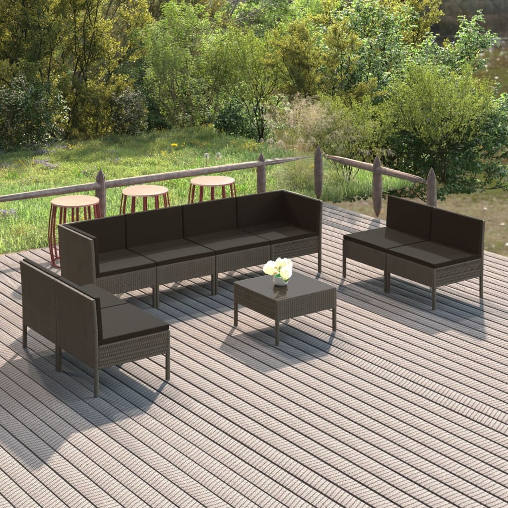 9-Tlg. Garten-Lounge-Set Mit Auflagen Poly Rattan Grau