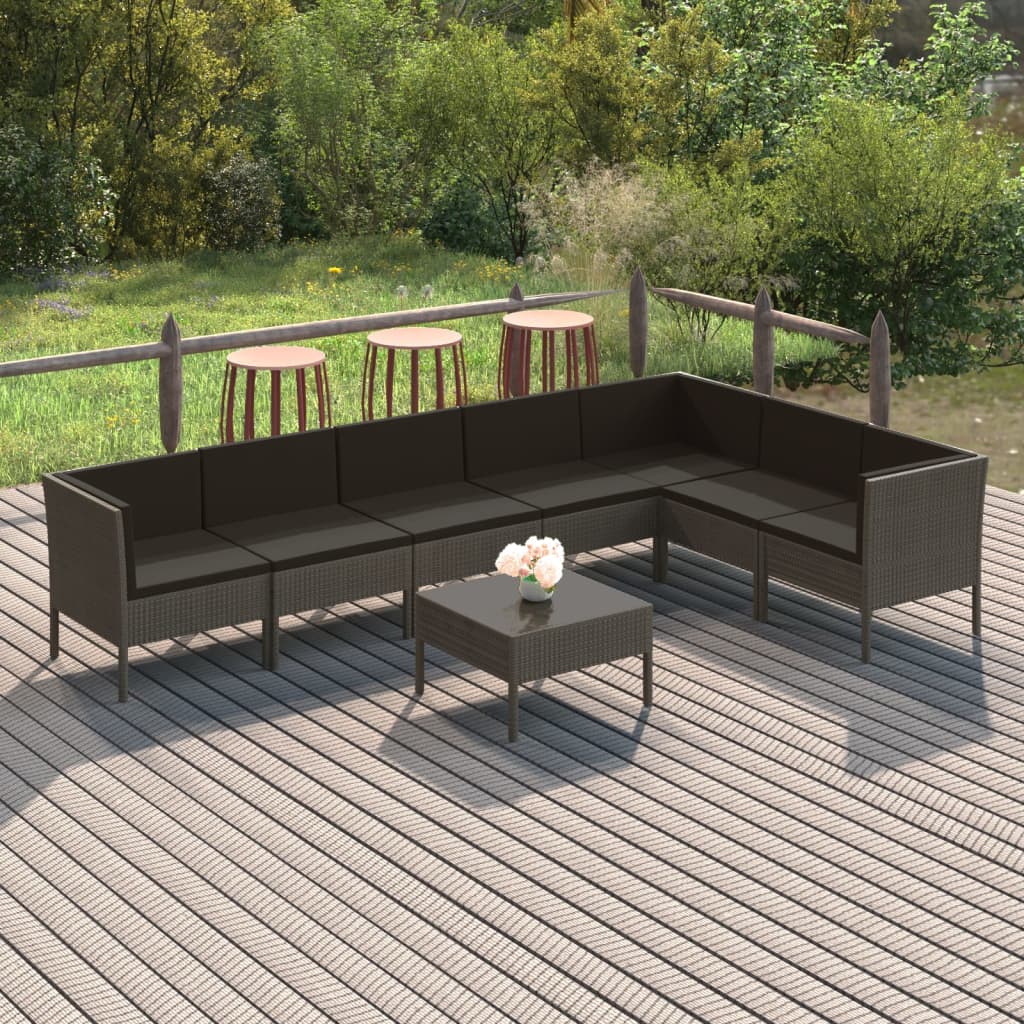 9-Tlg. Garten-Lounge-Set Mit Auflagen Poly Rattan Grau