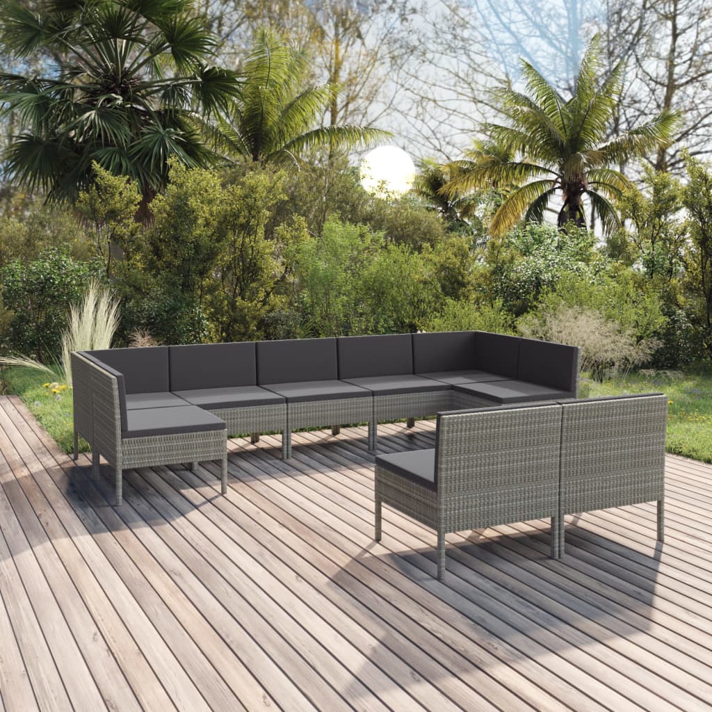 9-Tlg. Garten-Lounge-Set Mit Auflagen Poly Rattan Grau